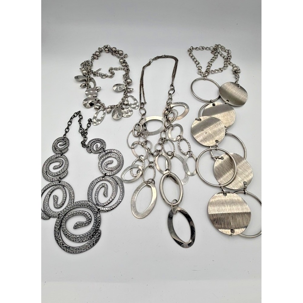 Lot of 4 Statement Necklaces Silver Tone Chunky Boho Modern Fashion Jewelry
